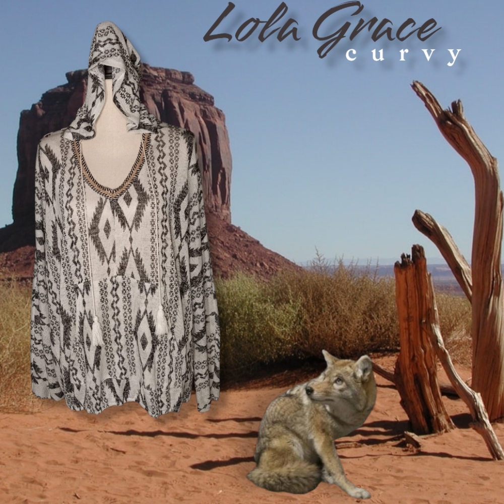 Lola Grace Tribal Print Pull Over Sheer Lightweight  Hoodie